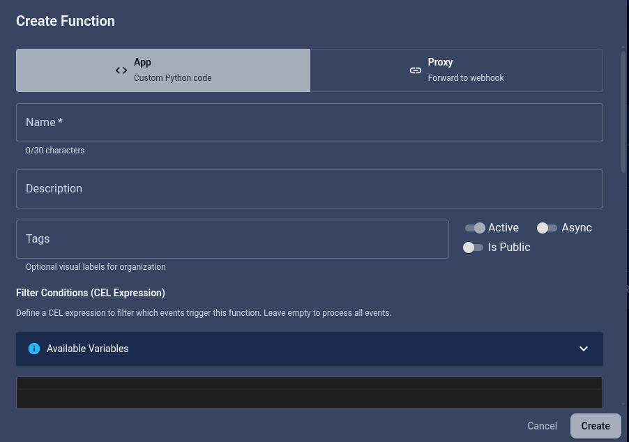 Create Function dialog in TaruviBase Console. App mode is selected. The form shows Name, Description, Tags, Active, Async, Is Public, and Filter Conditions.