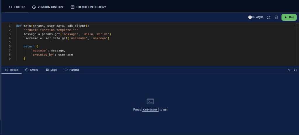 Editor tab for an app function in TaruviBase Console. The Python editor sits above Result, Errors, Logs, and Params, with Async and Run controls.