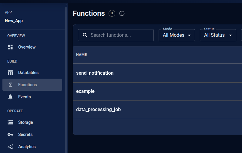 Functions list in TaruviBase Console for an app. The page shows a search box, Mode and Status filters, and function names.